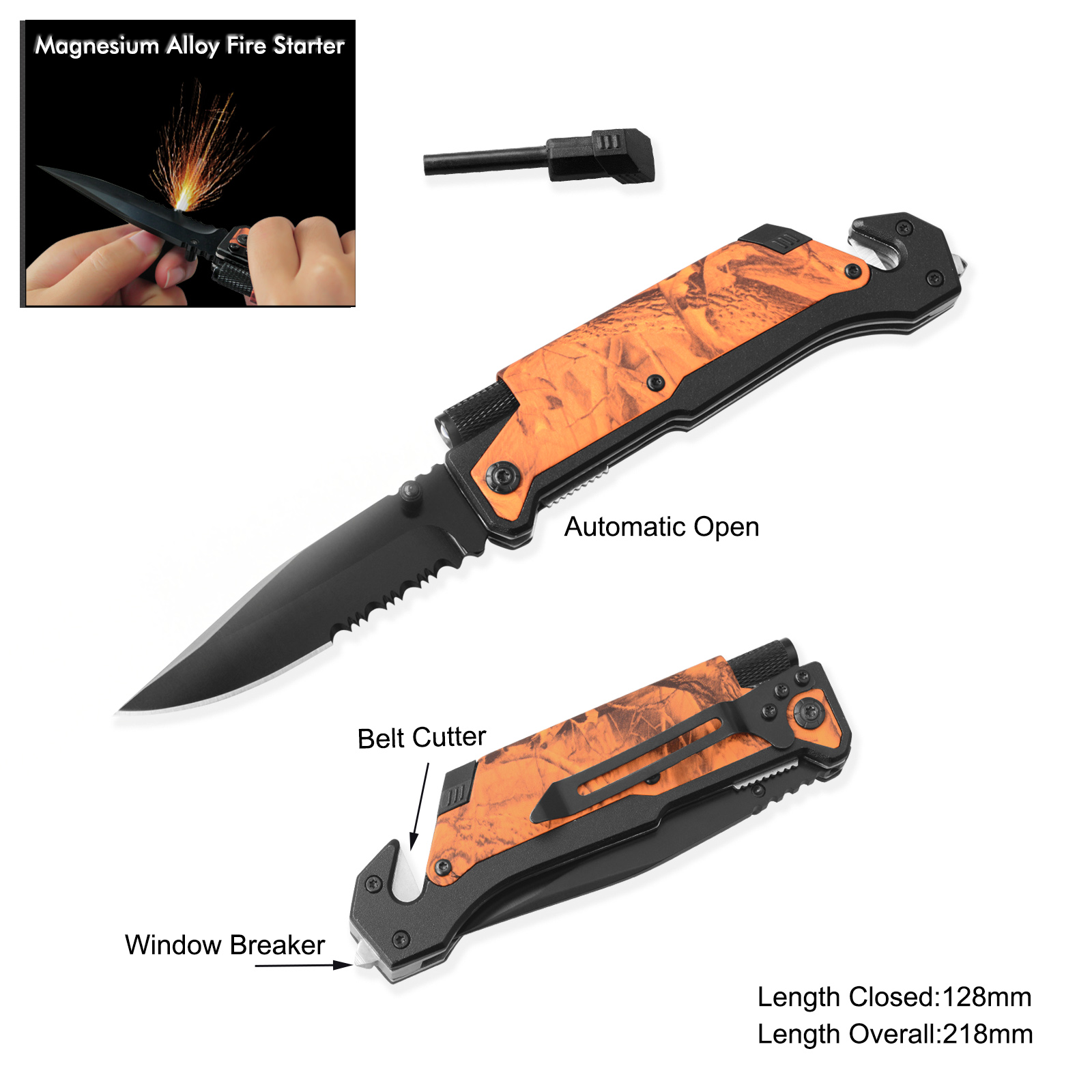 #3486AT-CAMO-A Spring Assisted Survival Knife with LED Flashlight 