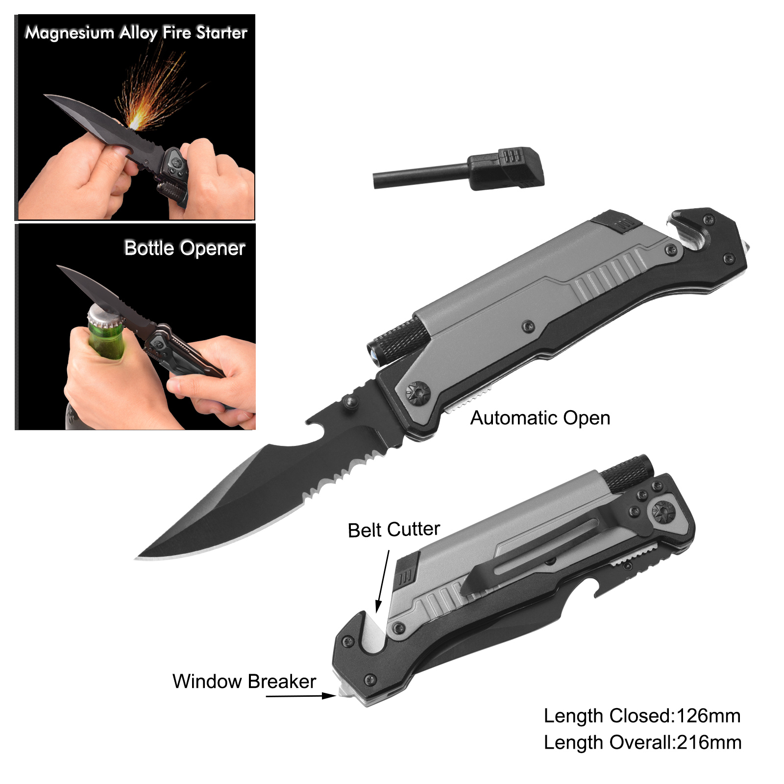 #3486AT-BO Spring Assisted Survival Knife with LED Flashlight & Bottle Opener