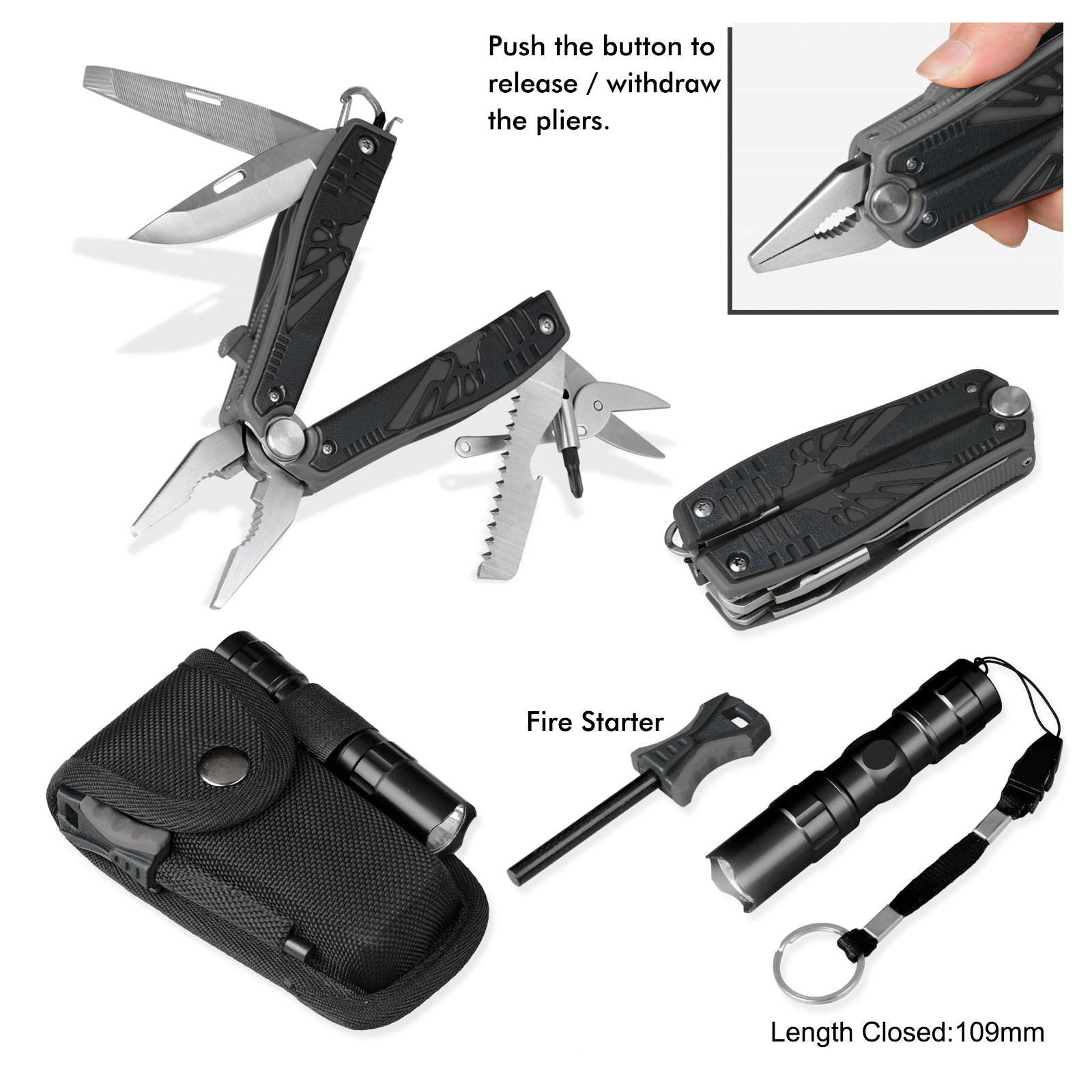 #8295B Tool Set of Highest Quality Multitool with Sliding Pliers, Flashlight & Fire Starter