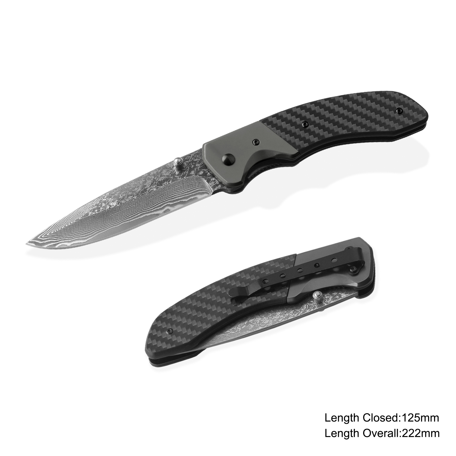 #DM004-CF Damascus Folding Knife with Carbon Fiber Handle