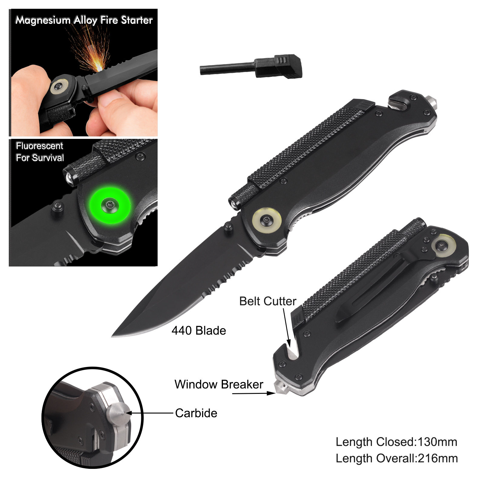 #31163-717-CBD Noctilucent Survival Knife with LED Flashlight 